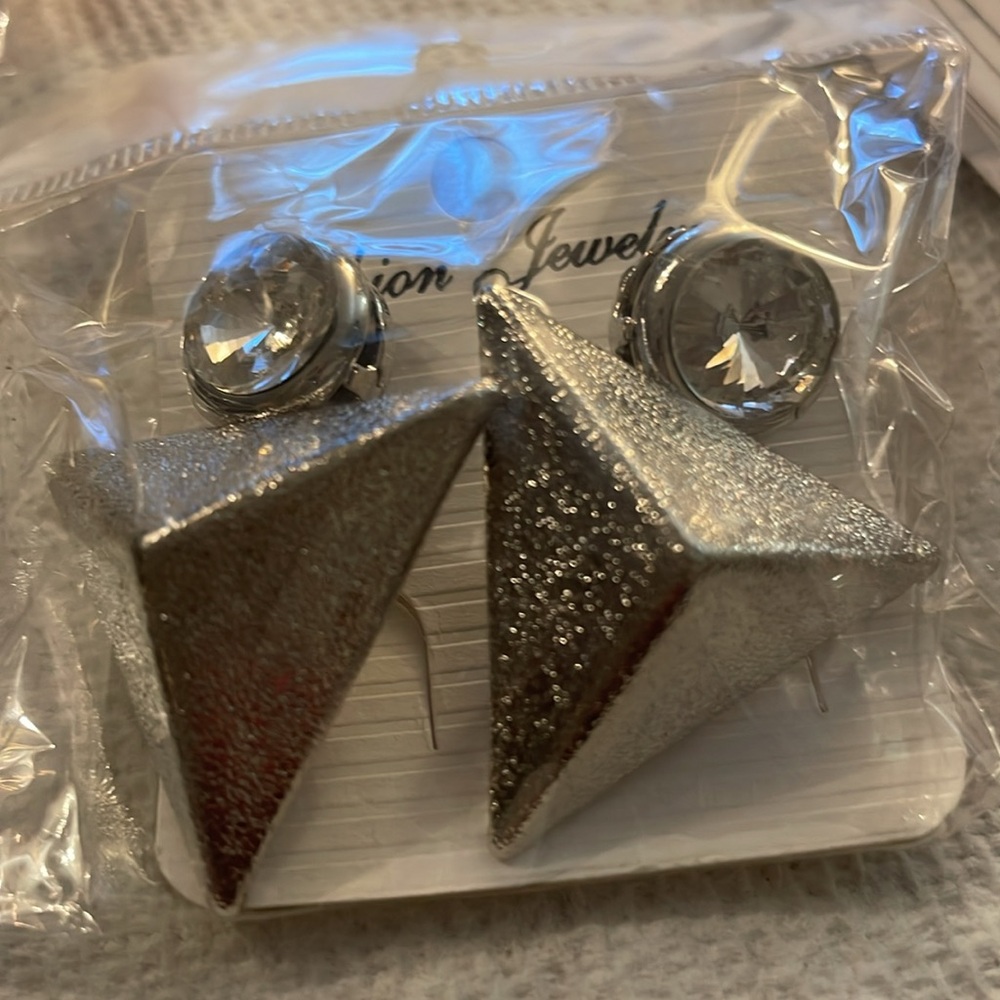 Silver Crystal Geometric Triangle Statement Earri… - image 5